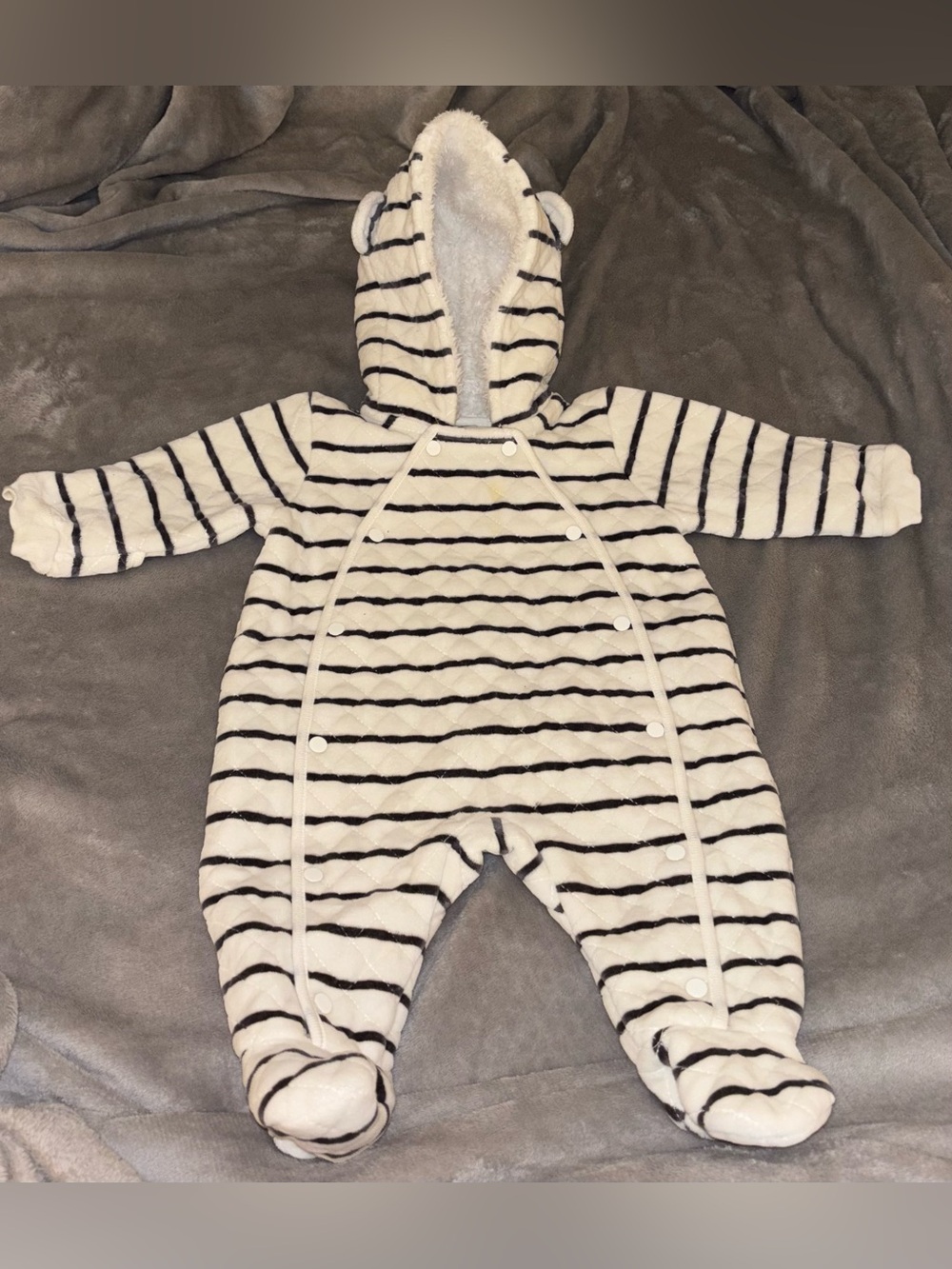 Nordstrom Cream and Black Striped Hooded Baby One-Piece